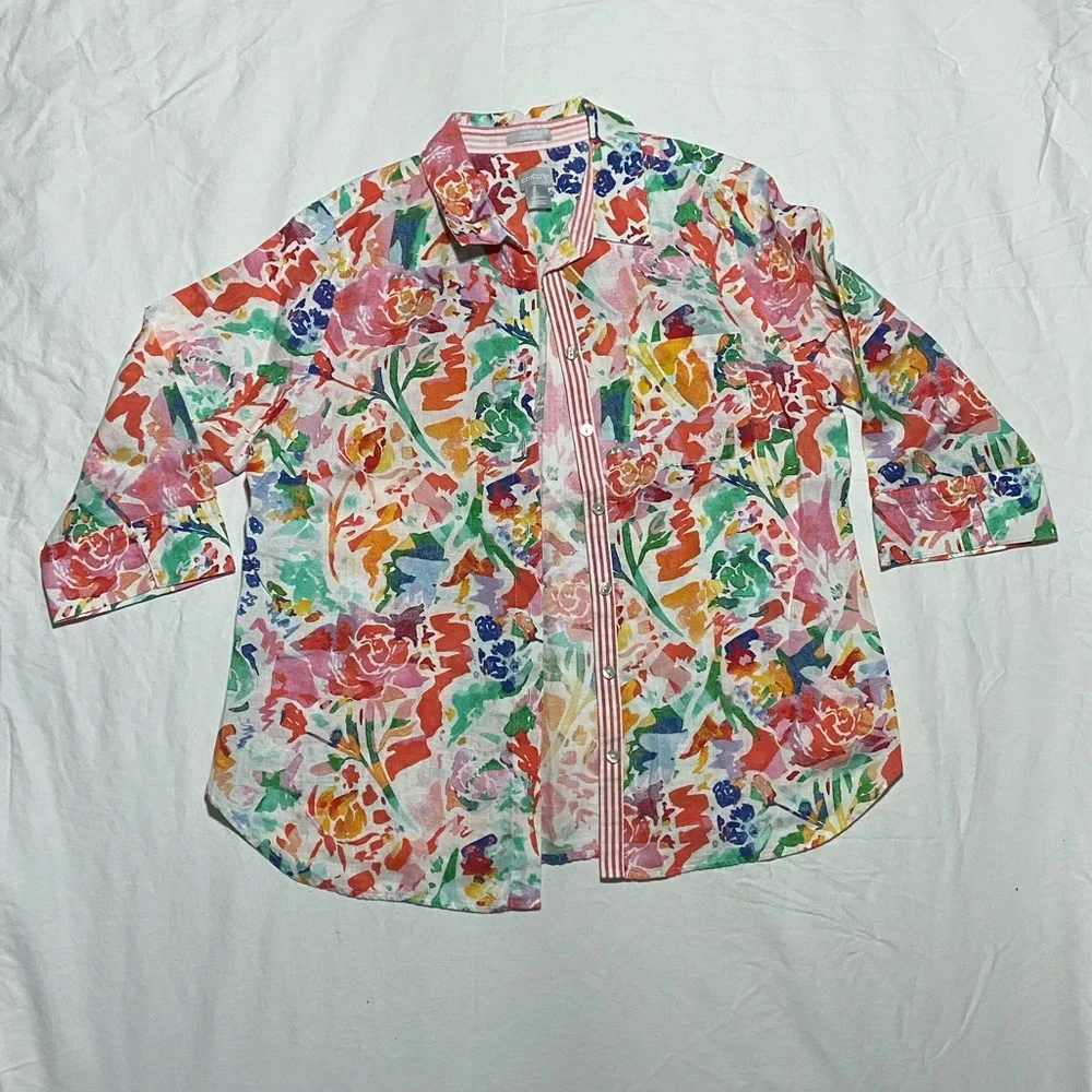 Chico's Colorful Linen Button-Up Blouse - Picture 1 of 7
